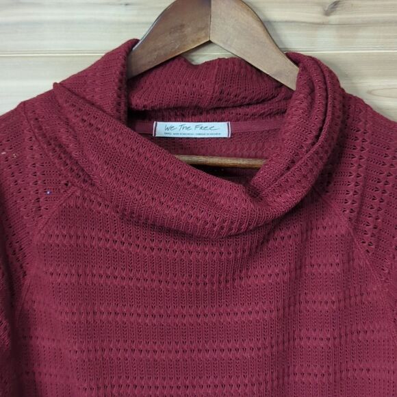 Free People Sweater Womens Small Red Pointelle Knit Cropped Cowl Neck Boho - Picture 2 of 10